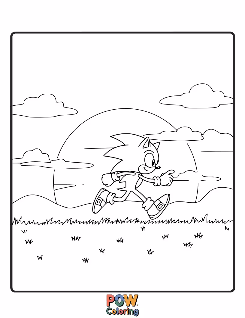 Free coloring page of Sonic running during a beautiful sunset. Warm and dramatic colors.