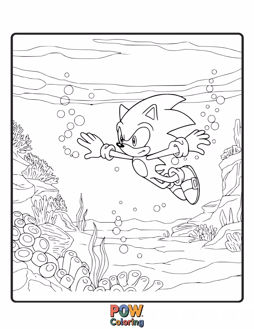 Free coloring page of Sonic exploring the depths of the ocean with marine life. Imaginative and fluid coloring.