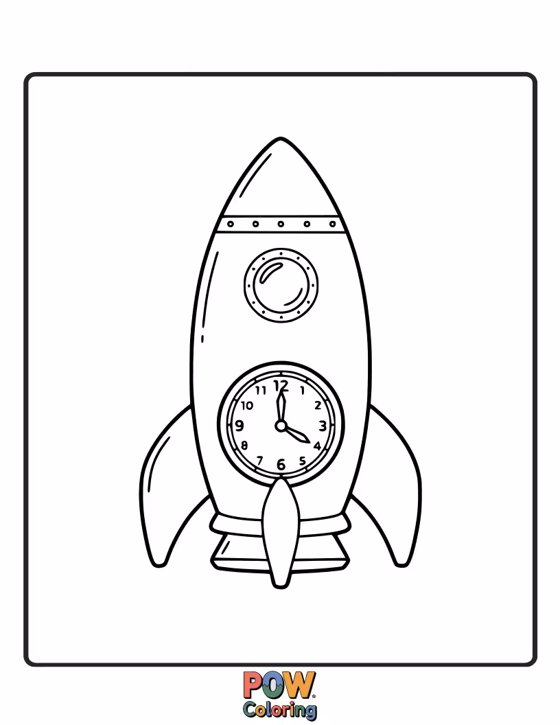 Free coloring page of A futuristic clock with a rocket ship in the center and stars scattered around the numbers.
