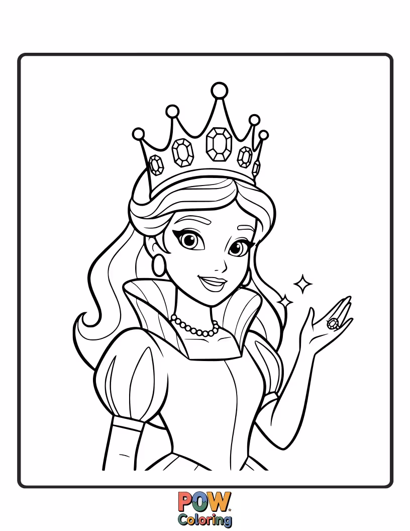 Free coloring page of A beautiful princess wearing an ornate, sparkling crown, ready for a royal celebration. Perfect for young artists.