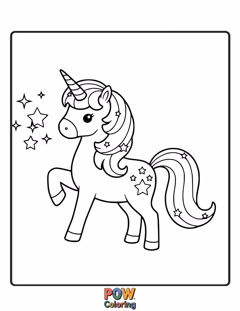 Free coloring page of Cute unicorn adorned with shimmering stars, galloping across a starry night sky.