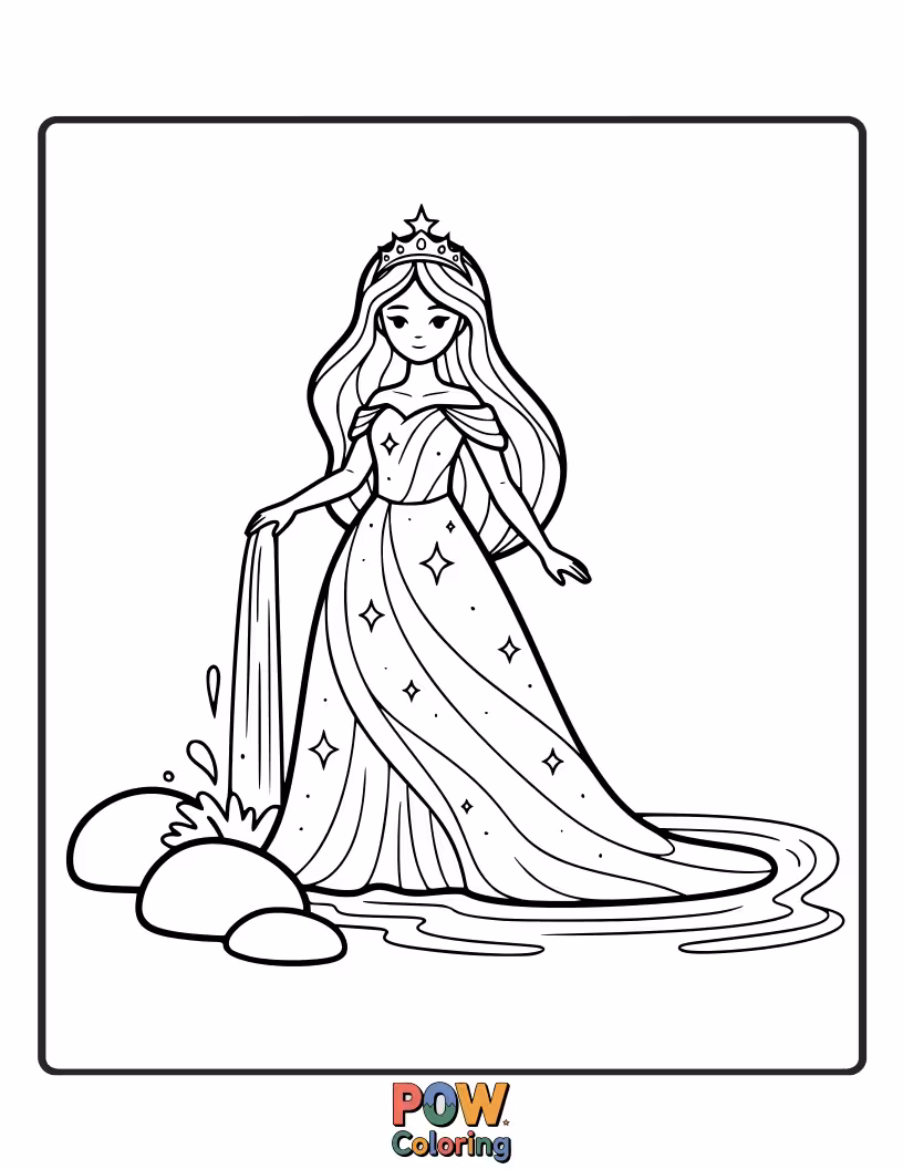 Free coloring page of A serene princess sitting by a clear, sparkling stream, watching fish swim by.