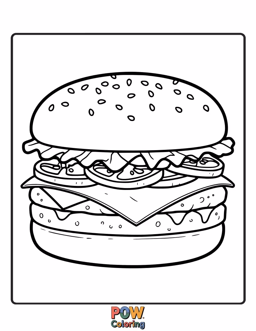 Free coloring page of a burger with a kick, featuring sliced jalapenos, pepper jack cheese, and a spicy sauce.