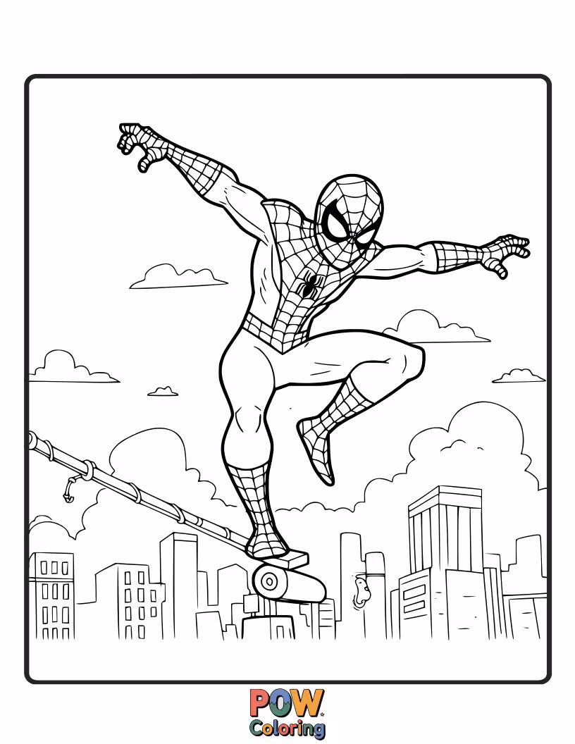 Free coloring page of Spider-Man balancing on a thin railing or ledge. Shows incredible control.