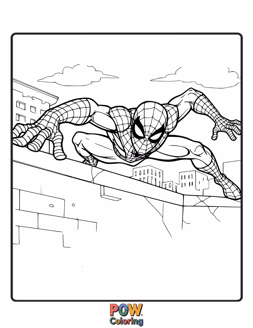 Free coloring page of Spider-Man crawling horizontally along a wall, showcasing his agility.