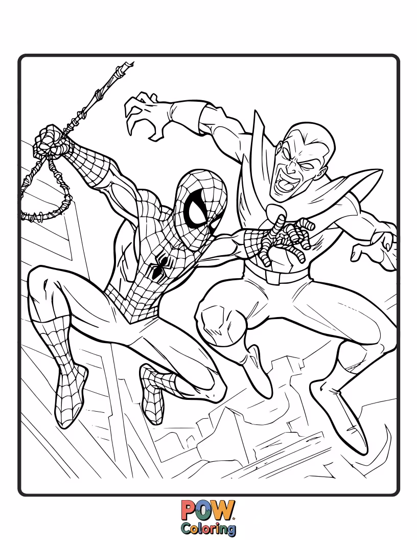 Free coloring page of A simplified depiction of Spider-Man confronting a generic bad guy. Introduces conflict.
