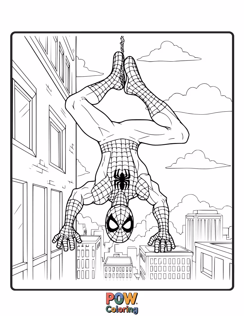 Free coloring page of Spider-Man hanging upside down from a web, his body relaxed but ready.