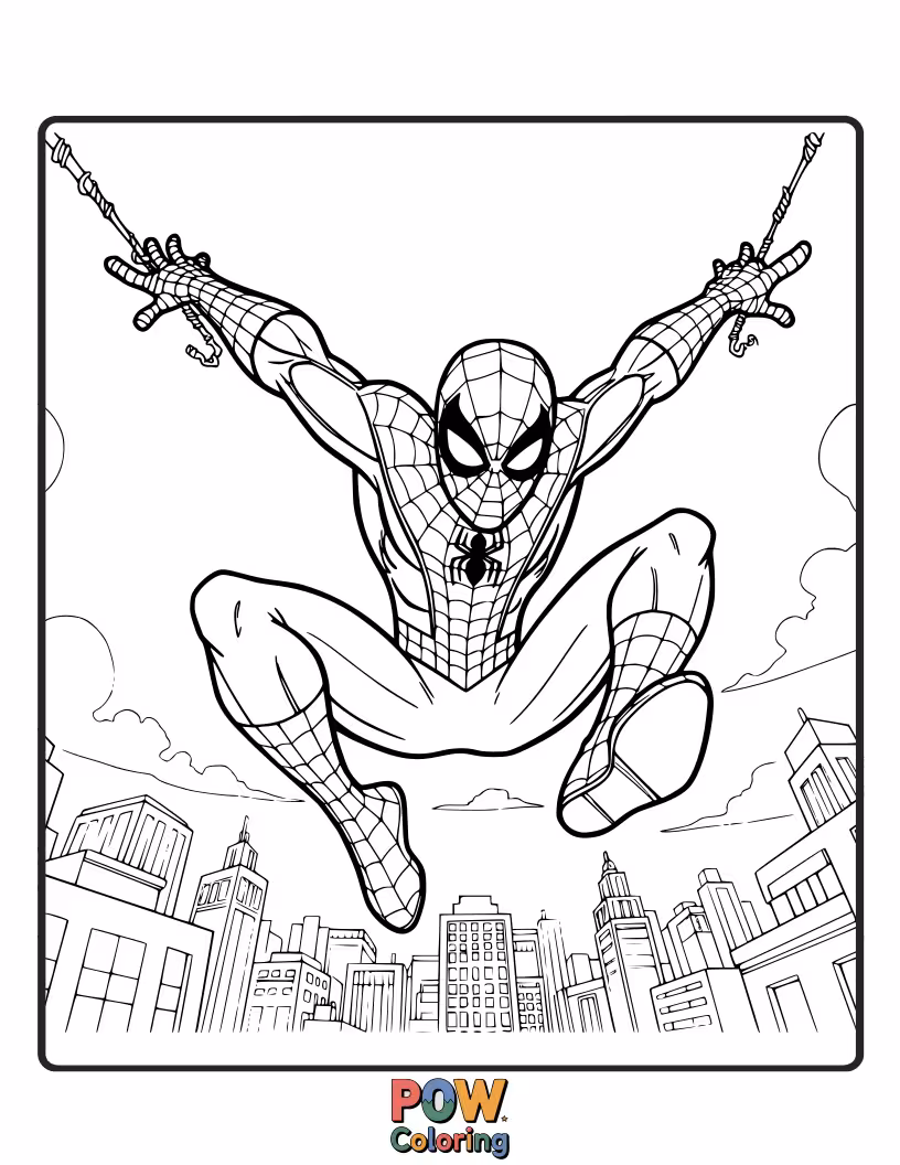 Free coloring page of Spider-Man leaping upwards with immense force, his body angled for maximum height.