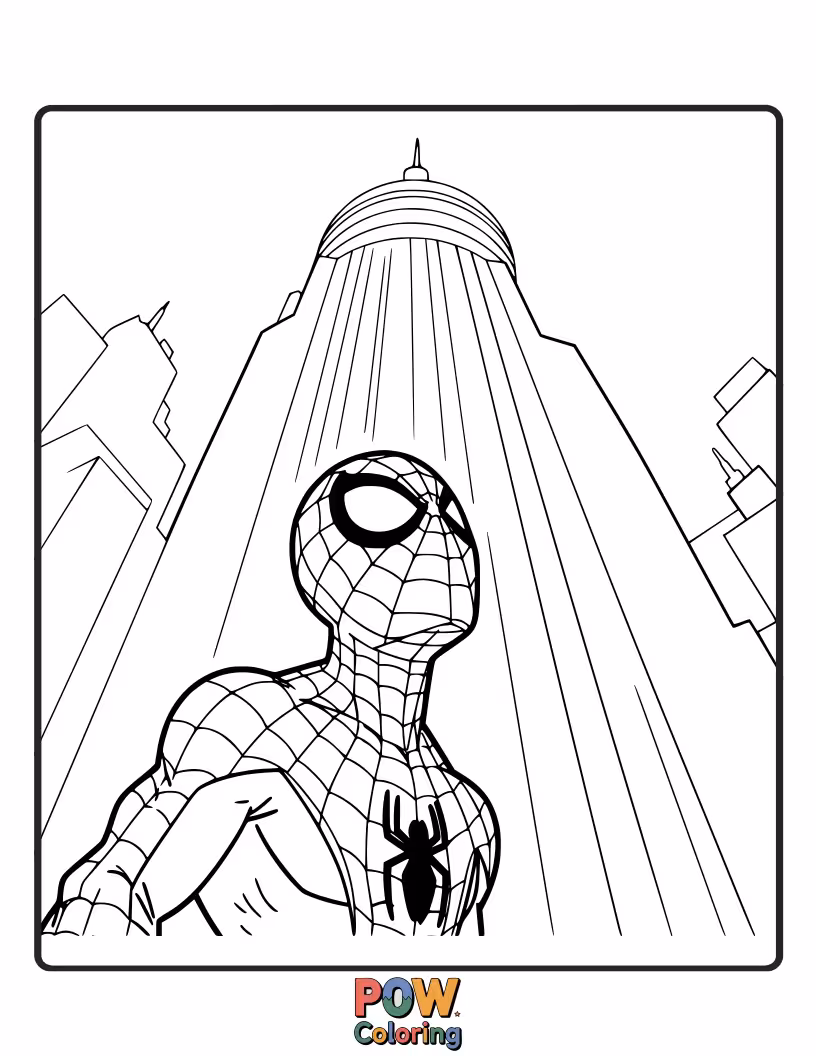 Free coloring page of Spider-Man gazing upwards, perhaps at a threat or the sky.