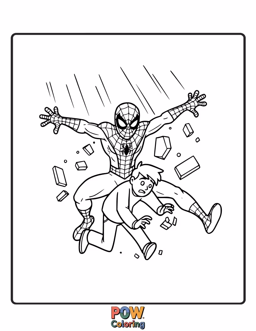 Free coloring page of Spider-Man shielding a smaller, scared person from danger. Highlights his protective nature.