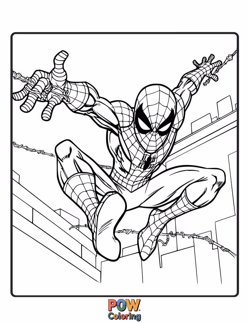 Free coloring page of Spider-Man coiled and ready to spring into action, poised for a powerful jump.