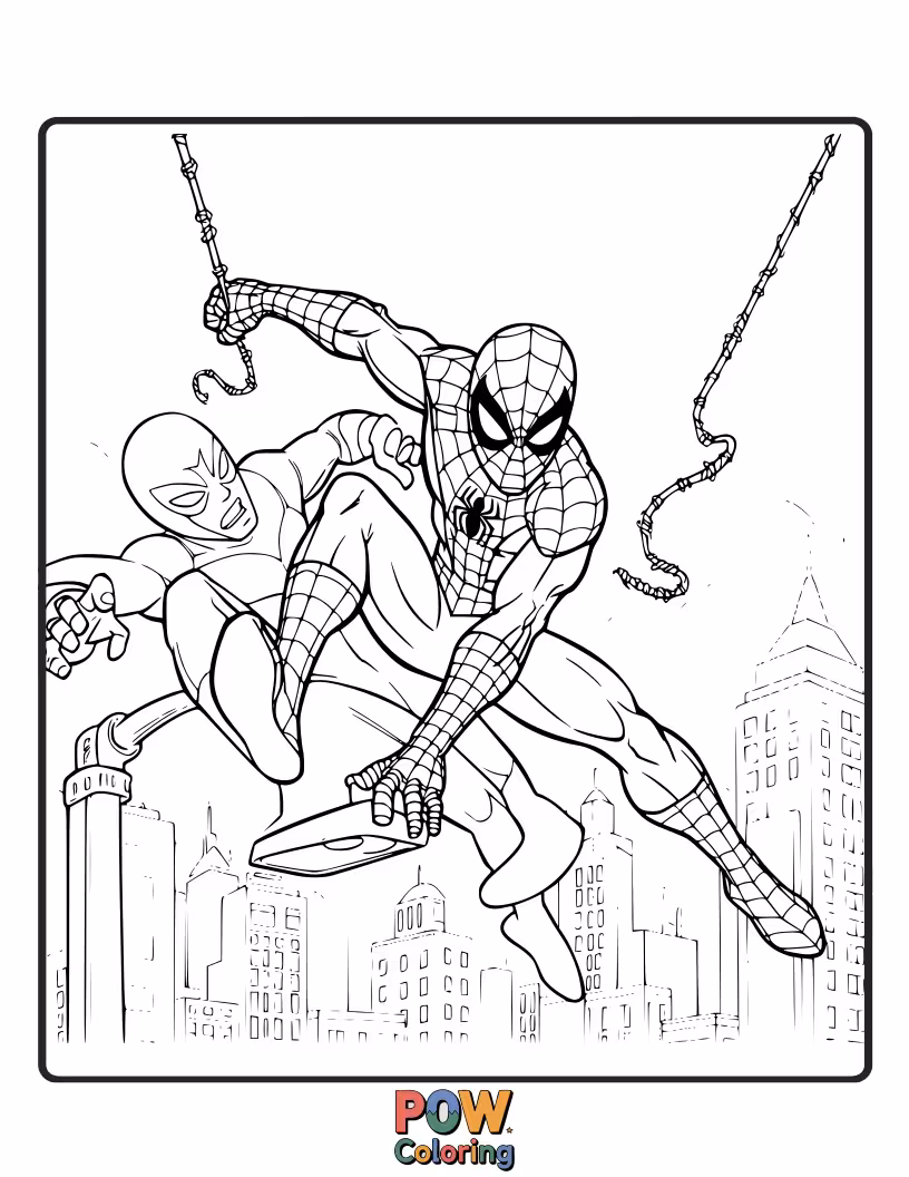 Free coloring page of Spider-Man in a dynamic fighting stance, ready to strike. Emphasizes strength and readiness.