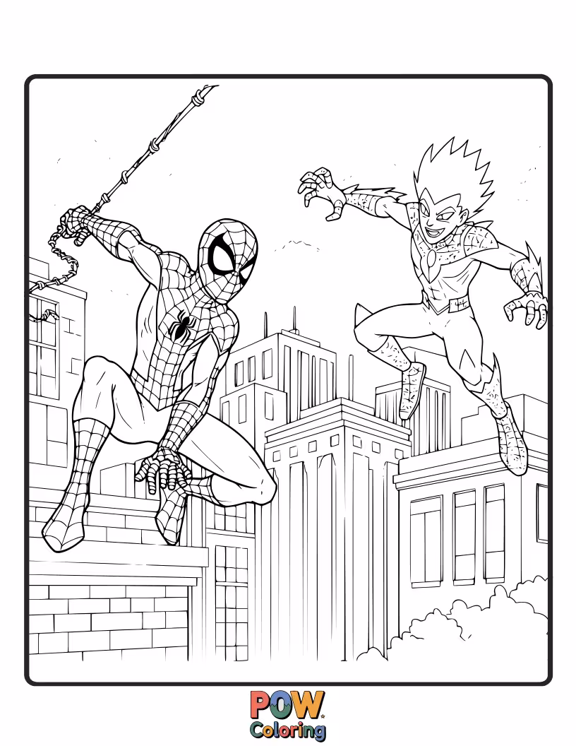 Free coloring page of Spider-Man in a stylized fight scene on a flat rooftop.