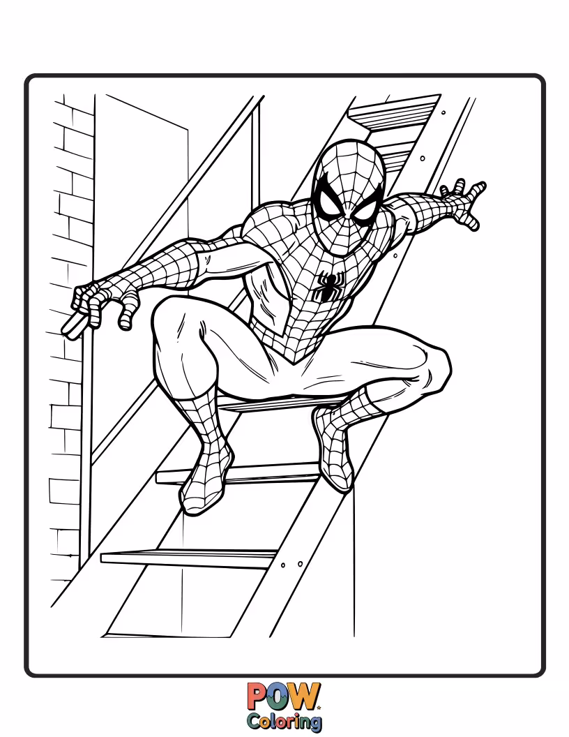 Free coloring page of Spider-Man perched on a rusty fire escape, observing the street below. Realistic urban setting.