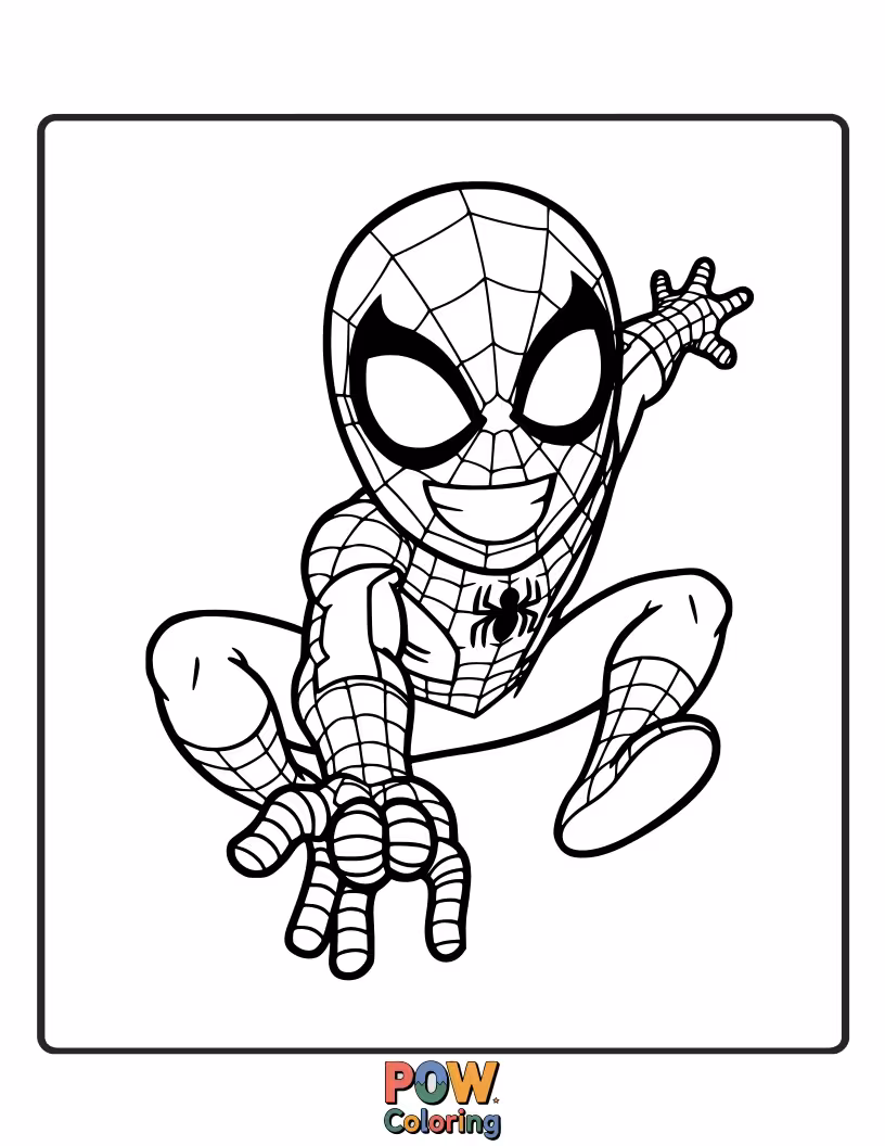 Free coloring page of A cheerful Spider-Man with a broad, friendly smile visible through his mask. Focuses on personality.