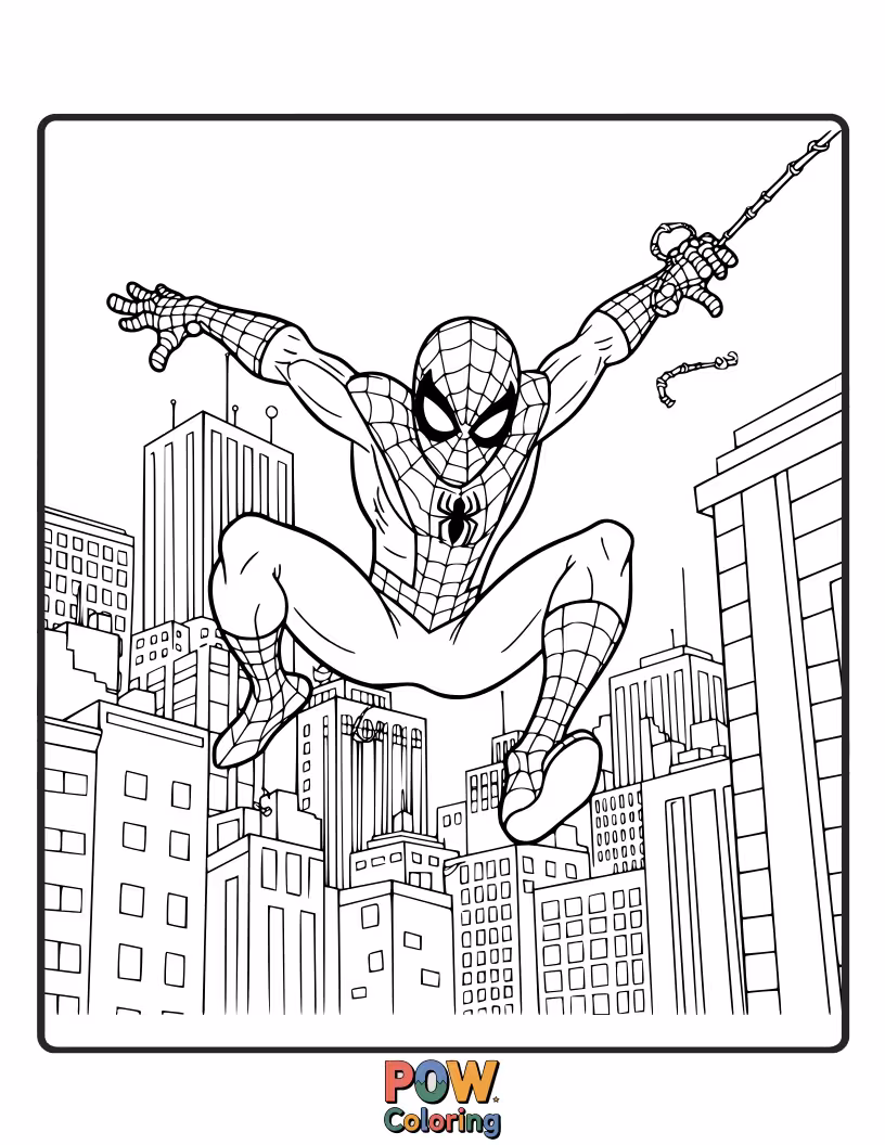 Free coloring page of Spider-Man against a night sky filled with twinkling city lights. A beautiful, atmospheric scene.