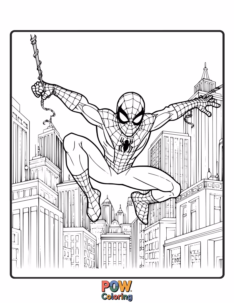 Free coloring page of Spider-Man against a backdrop of New York City buildings, highlighting his urban environment.