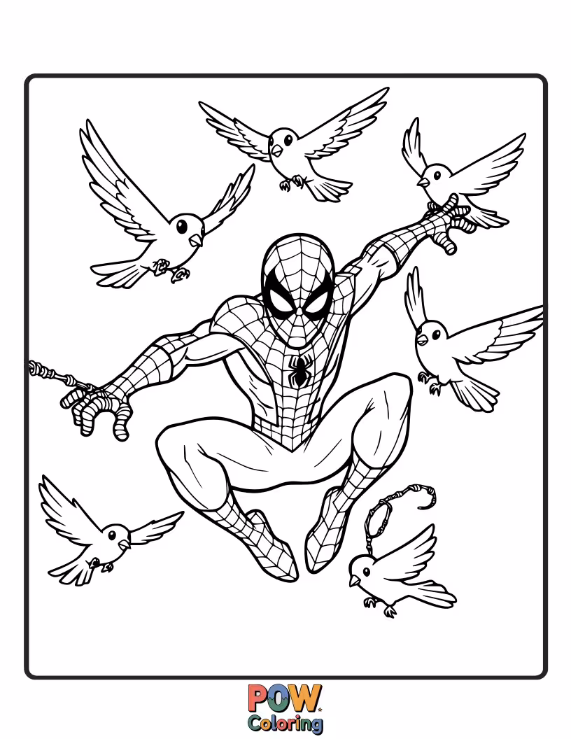 Free coloring page of Spider-Man swinging through the air amongst a flock of birds.