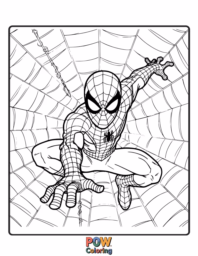 Free coloring page of Spider-Man surrounded by a pattern of interconnected spider webs, creating a textured look.