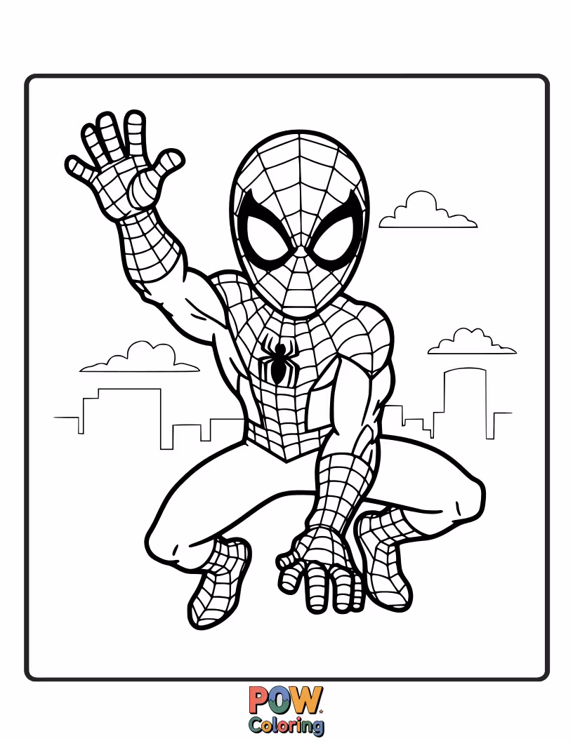 Free coloring page of A cheerful Spider-Man waving hello with a wide, welcoming gesture.