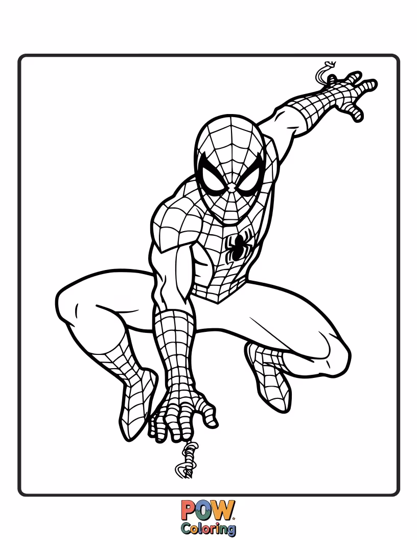 Free coloring page of A striking outline of Spider-Man in action, perfect for using bold colors or gradients.
