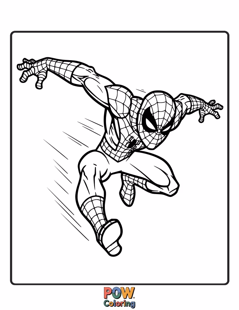 Free coloring page of A blur of motion as Spider-Man dashes across the ground, his speed evident.