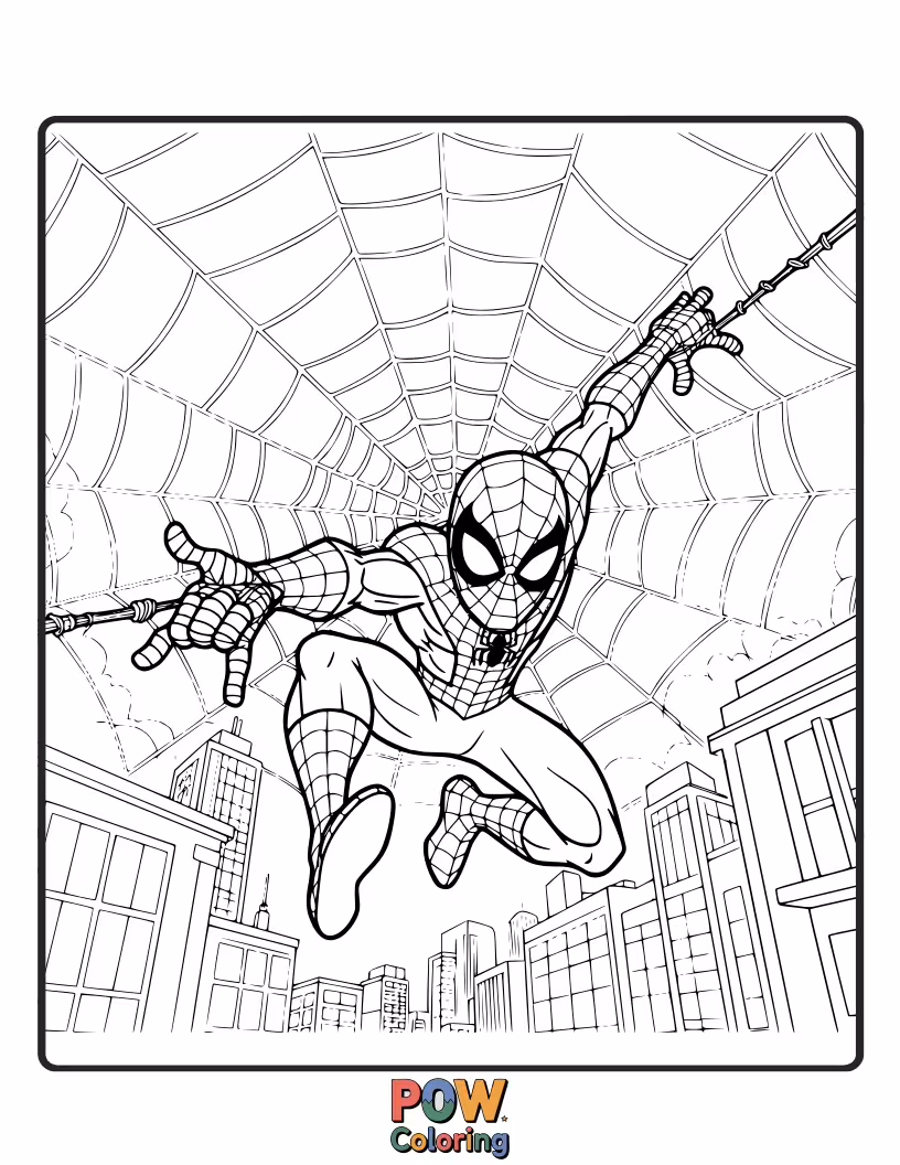 Free coloring page of A dynamic illustration showing Spider-Man's web-slinging path through the air, with energy lines.