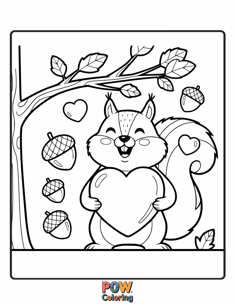Free coloring page of A squirrel is cracking open a giant heart-shaped nut, ready to share the sweet surprise with its Valentine.