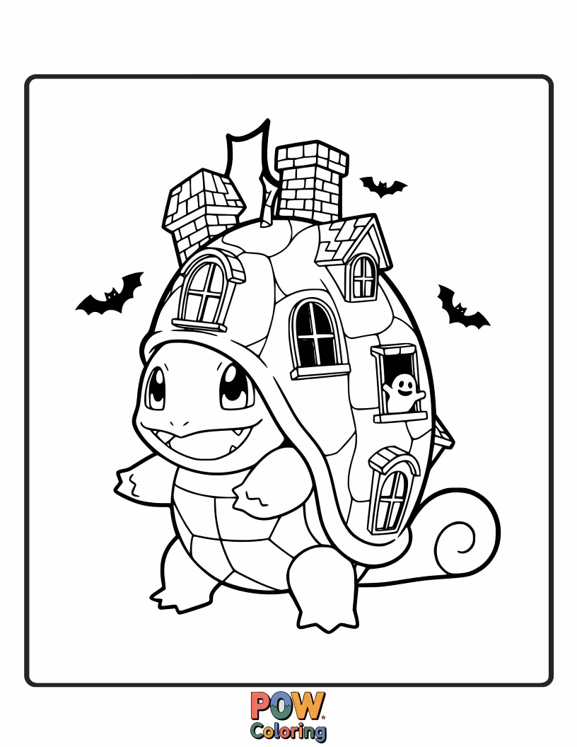 Free coloring page of Squirtle has decorated his shell with glowing Halloween stickers and is giving a mischievous wink.