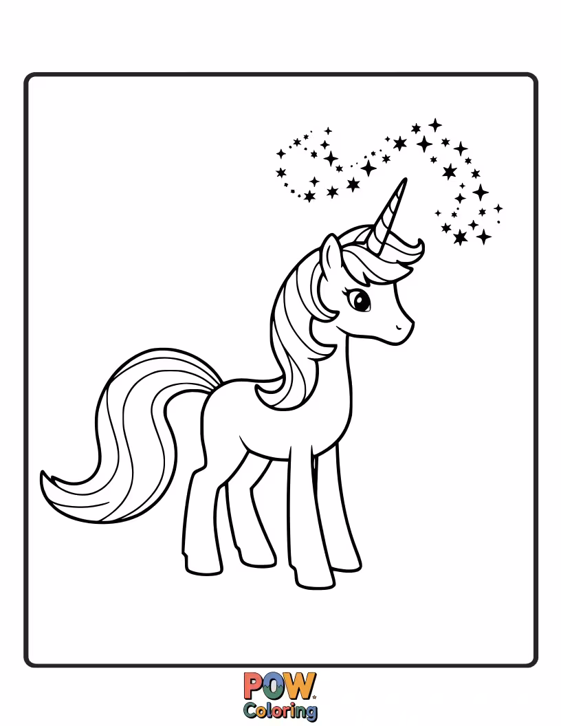 Free coloring page of Unicorn silhouetted against a sky filled with falling stars.