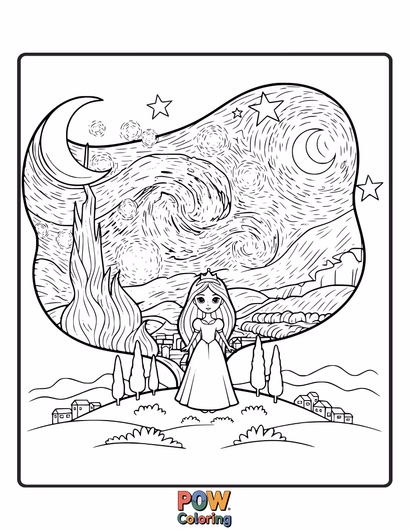 Free coloring page of A peaceful princess watching the stars twinkle brightly in a vast, dark night sky.