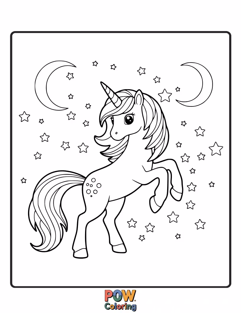 Free coloring page of Unicorn with a coat patterned like a starry night sky, galloping across the celestial expanse.