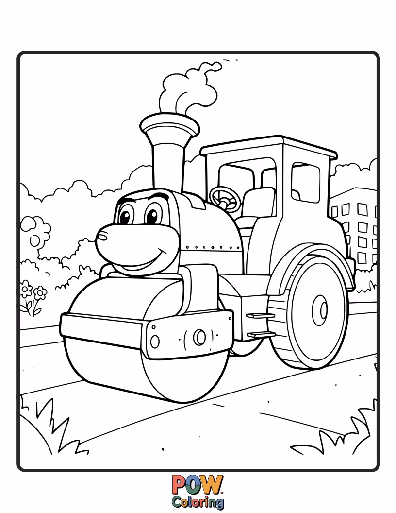 Free coloring page of A mighty steamroller, flattening the ground. Imagine all the fun colors for this heavy-duty machine.