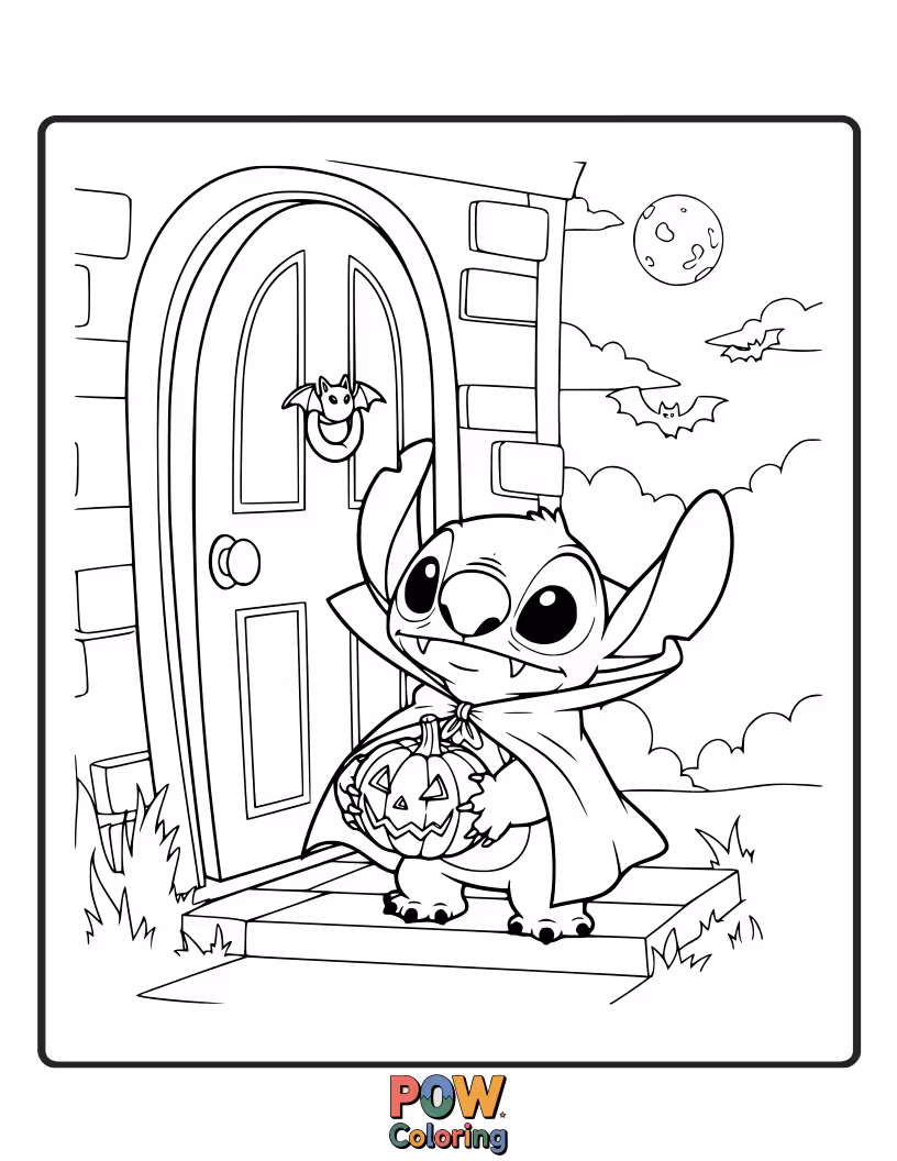 Free coloring page of Stitch, with tiny vampire fangs and a cape, is trying to float but looks more like he's falling.