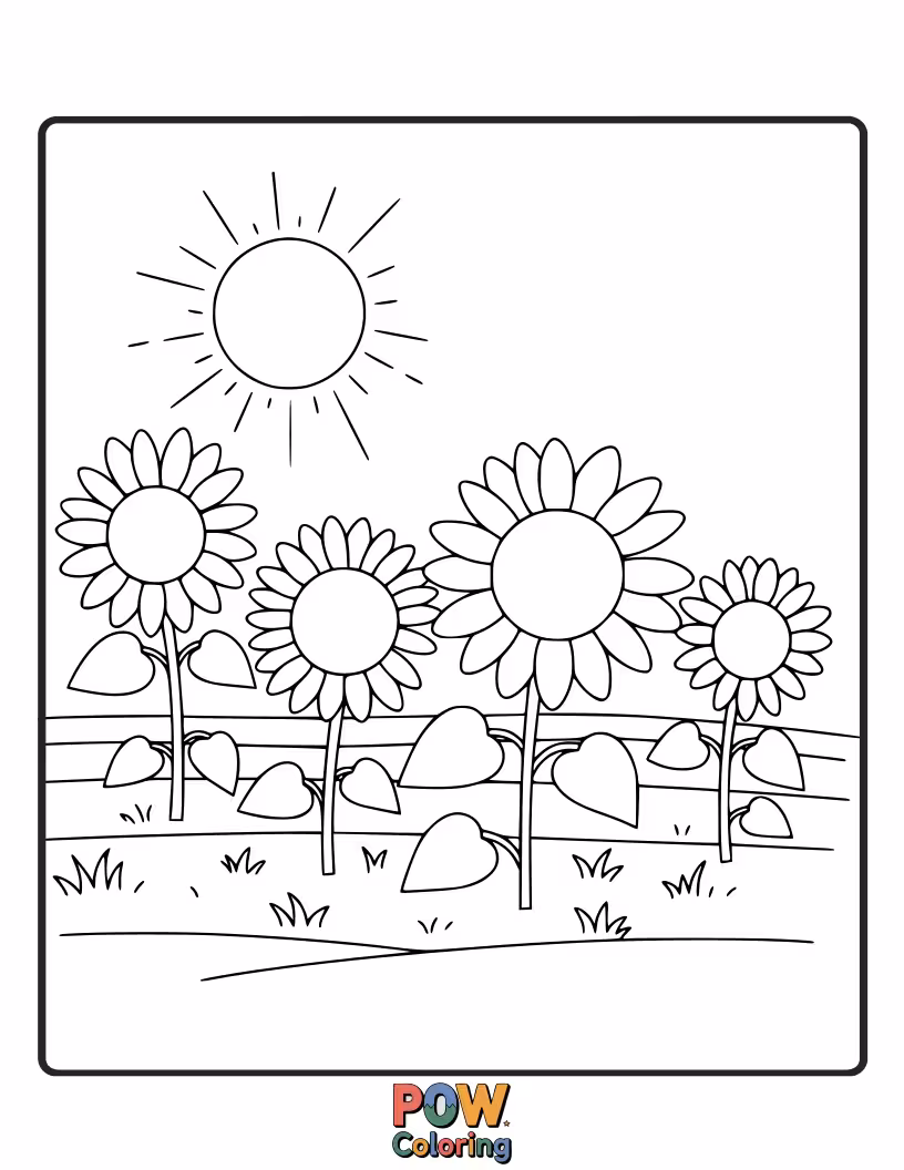 Free coloring page of Bold and cheerful sunflowers stretch towards the sun in this vibrant field, inviting bright and happy color choices.