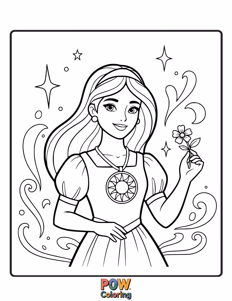 Free coloring page of A princess wearing a sunstone pendant that glows with warmth and energy.