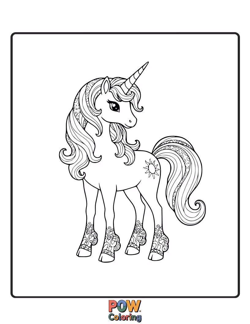 Free coloring page of Unicorn with a horn and markings that resemble a sunstone.
