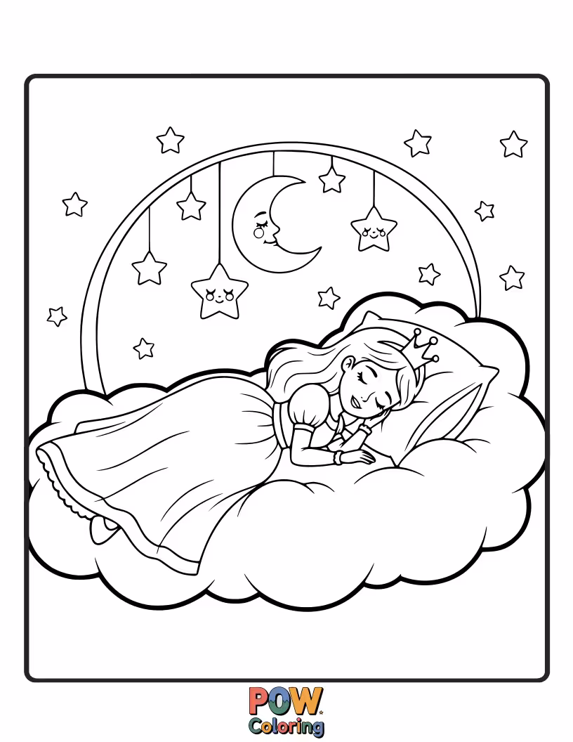 Free coloring page of A peaceful princess sleeping soundly in her grand, canopy bed, dreaming sweetly.