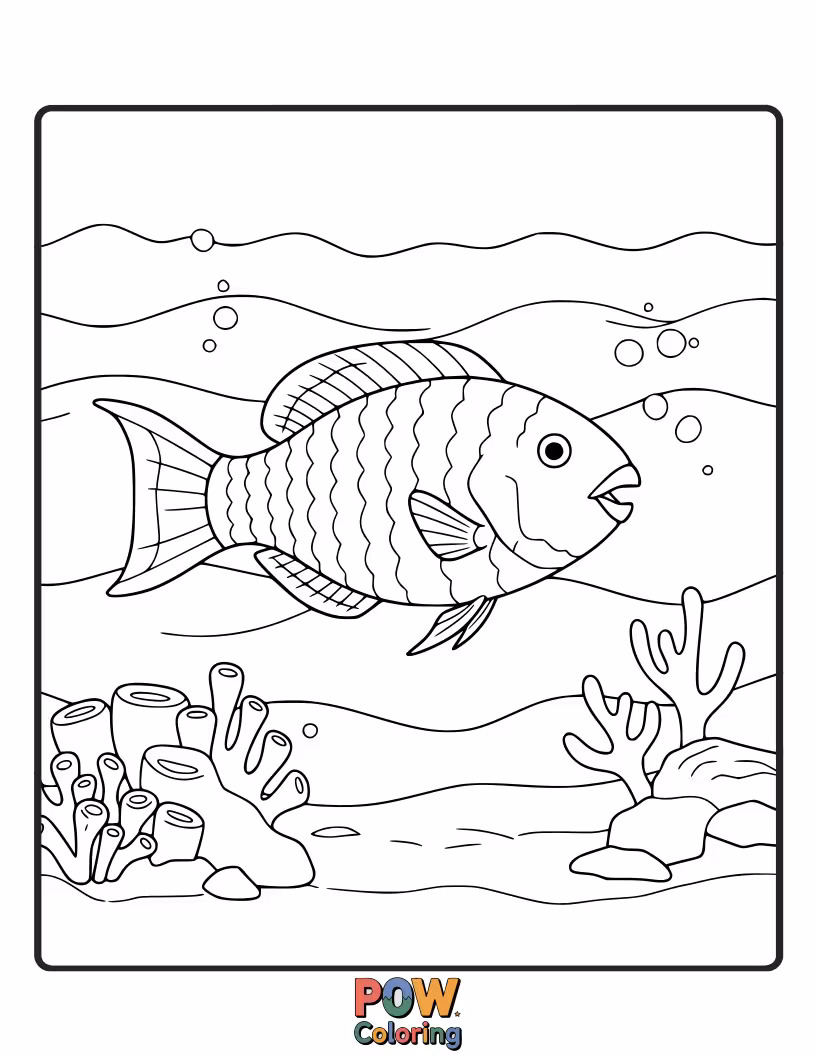 Free coloring page of A brightly colored parrotfish outline, inviting children to use a rainbow of colors to represent its vibrant scales.