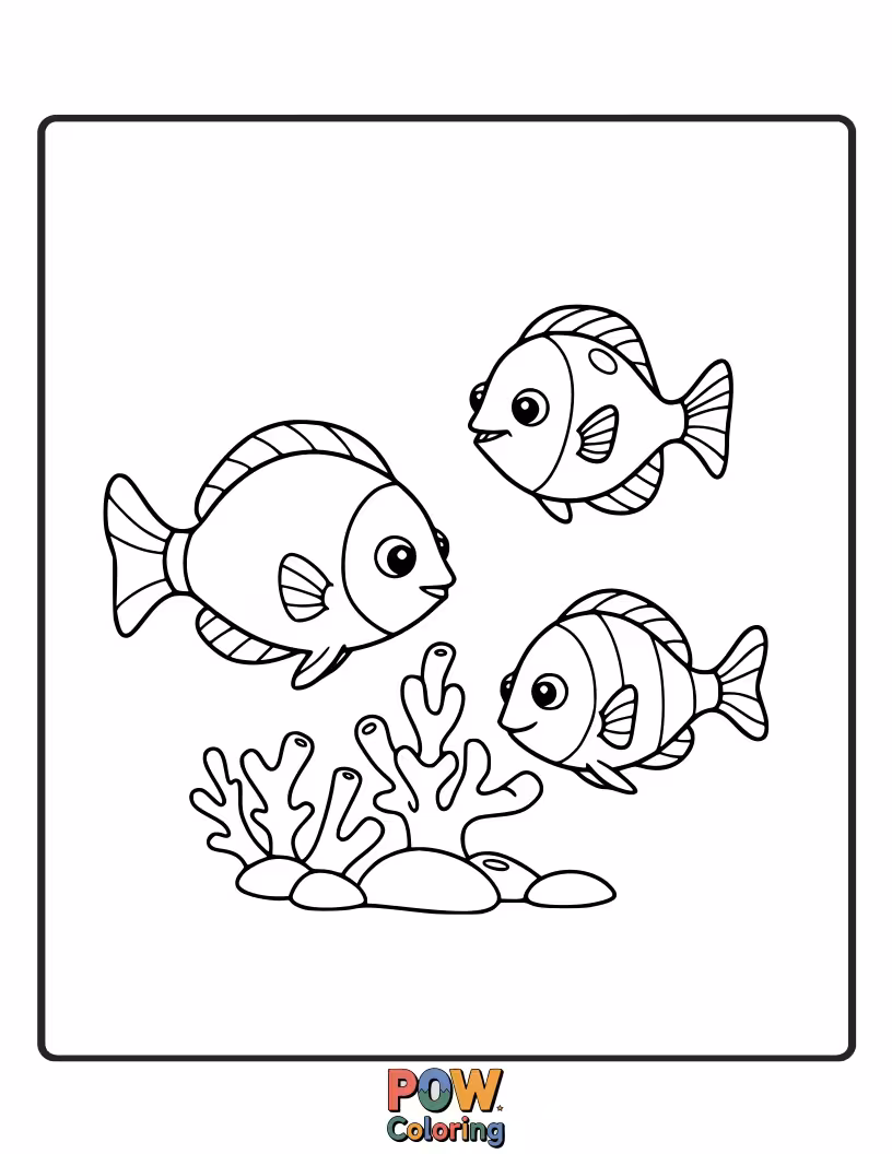 Free coloring page of Three small tropical fish swimming together, offering variety and a chance to use multiple color combinations.