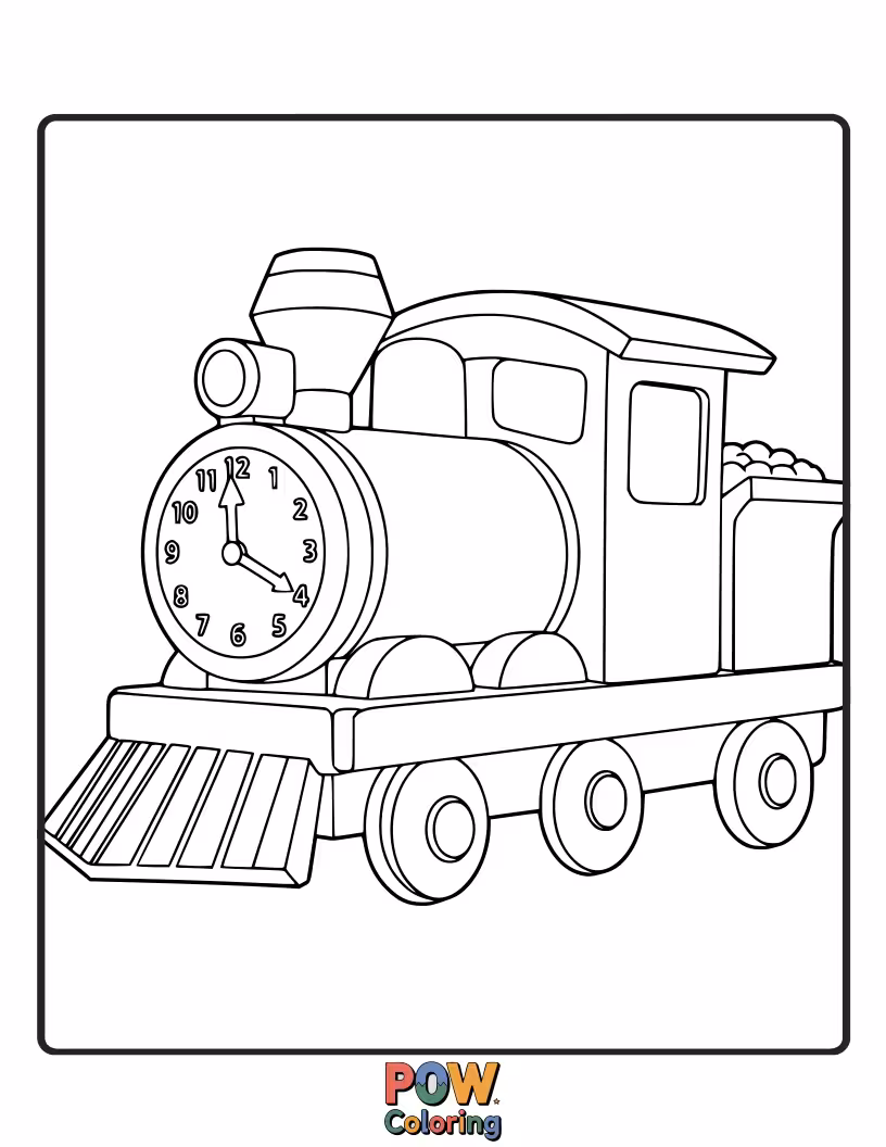Free coloring page of A playful clock shaped like a train, with carriages for each hour marker.