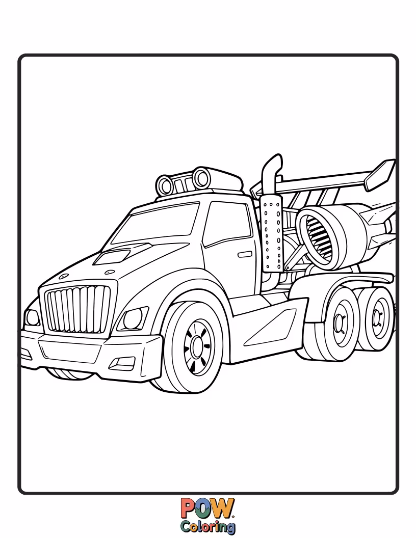 Free coloring page of A powerful truck converted into a race car, with a rugged exterior and surprising speed.