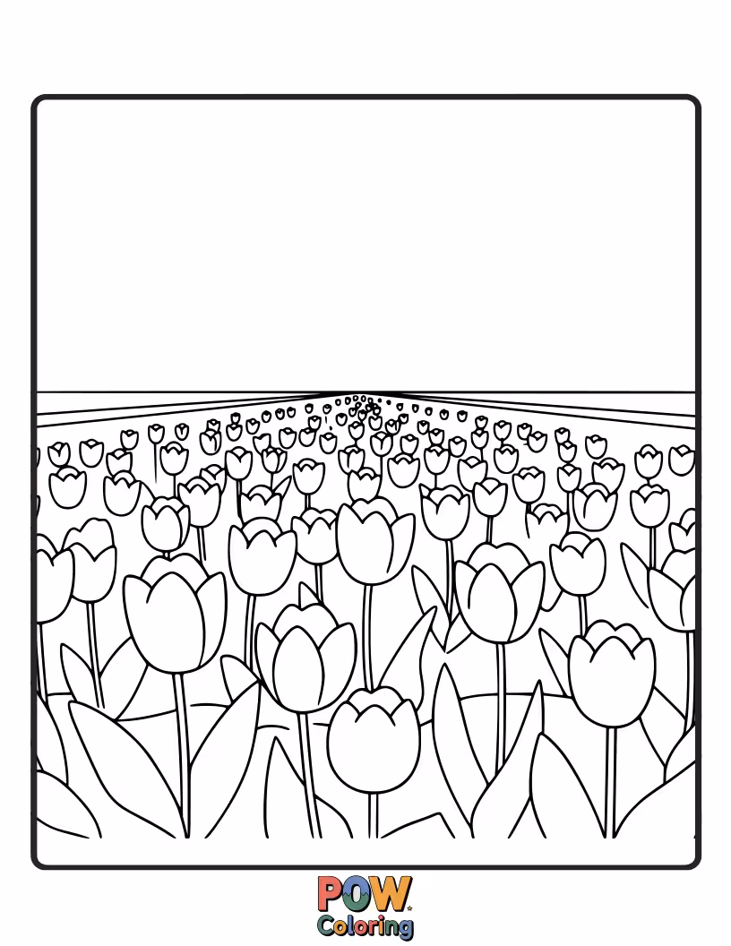 Free coloring page of A breathtaking view of rolling hills covered in a vast carpet of colorful tulips. Explore landscape coloring techniques.