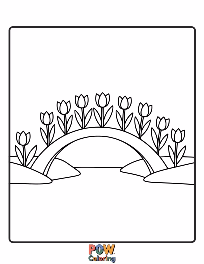 Free coloring page of Tulips growing along the sides of a magical rainbow bridge. A whimsical and colorful fantasy landscape.