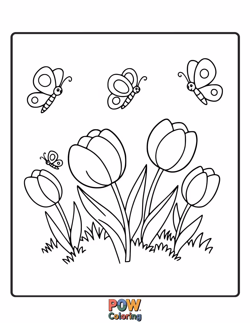 Free coloring page of Several tulips adorned with friendly butterflies fluttering around. A classic nature scene for colorful interpretation.