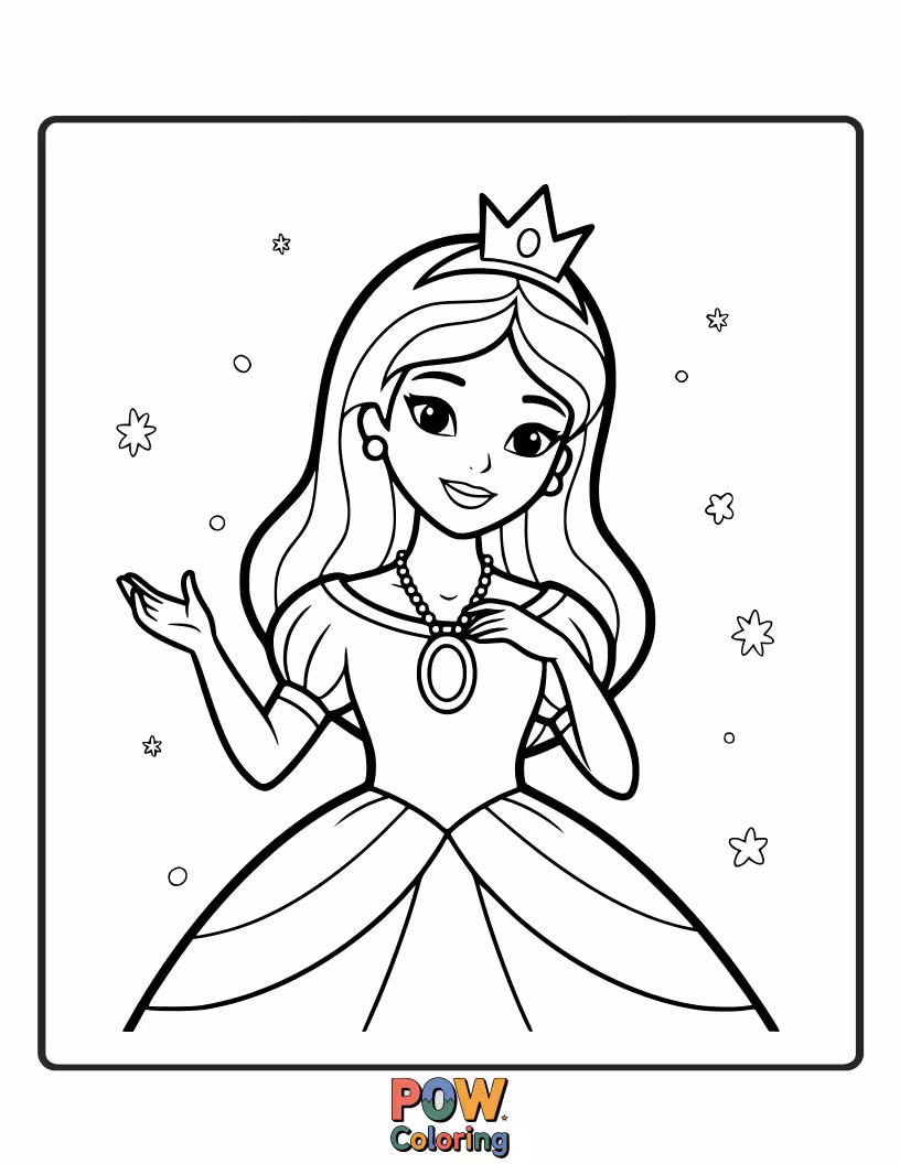 Free coloring page of A free-spirited princess wearing a vibrant turquoise pendant, inspired by nature.