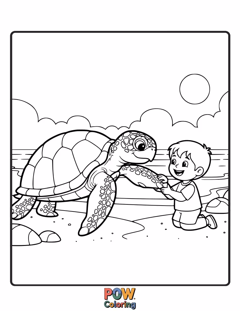 Free coloring page of Two slow and steady turtles share a sweet moment, their shells decorated with little hearts for Valentine's Day.