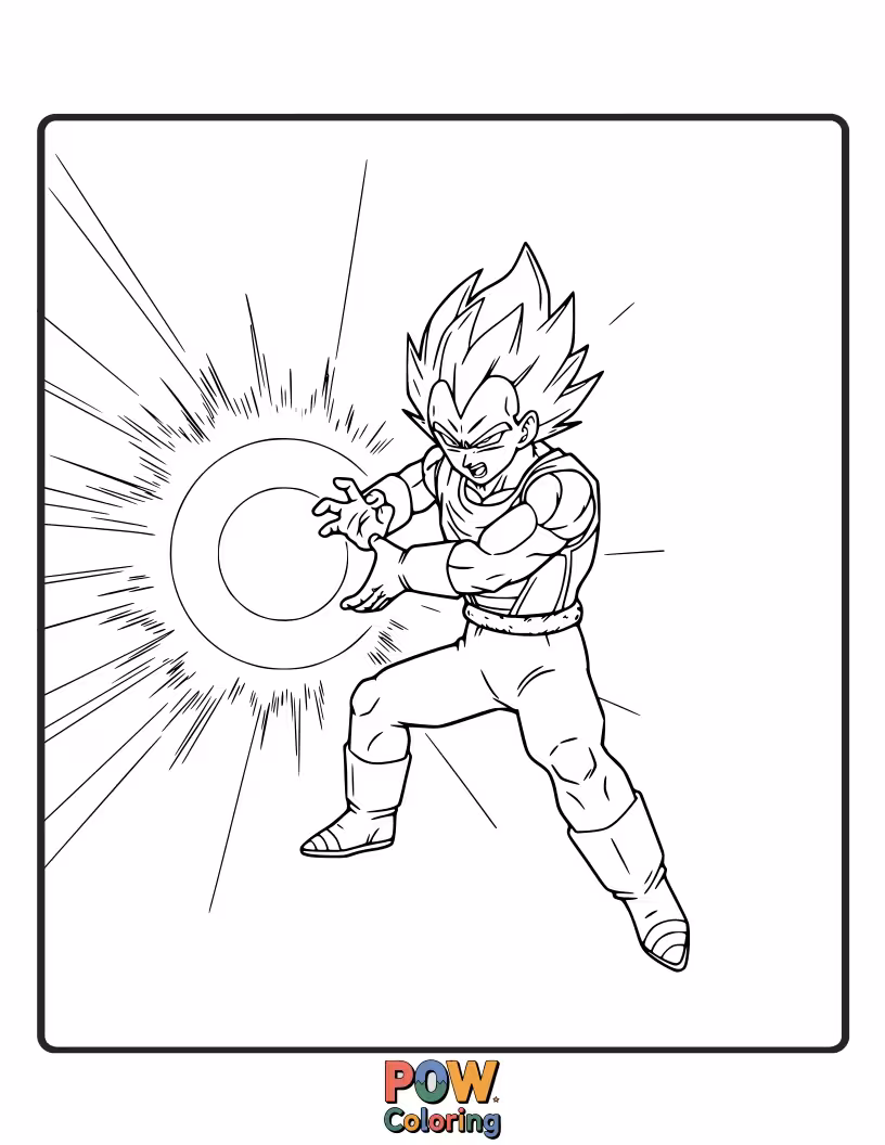 Free coloring page of Vegeta gathering energy for a ki blast.