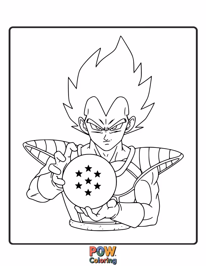 Free coloring page of Vegeta holding a Dragon Ball possessively.