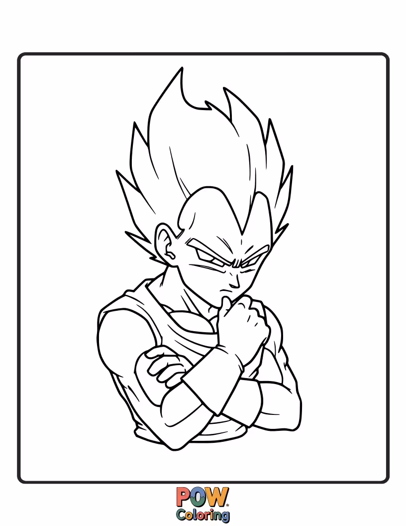 Free coloring page of Vegeta in a pensive pose, deep in thought.